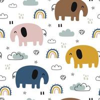 kleiner Elefant nahtlose Muster mit bewölktem Himmel und Regenbogen. niedliche Tierkarikaturhintergründe für Druck, Tapeten, Kleidung, Textilien, Vektorgrafiken. vektor