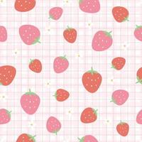 sömlös jordgubbsmönster handritad frukt på fyrkantig rutnätsbakgrund tecknad stil. design för typografi, tapeter, saker vektorillustration
