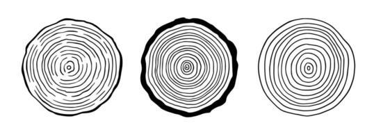 Baum Ring Holz Kreis Satz. Hand gezeichnet Baum Ring Muster, Linie Welligkeit Kreis Holz Textur. Holz organisch Scheibe Linie Design. Vektor
