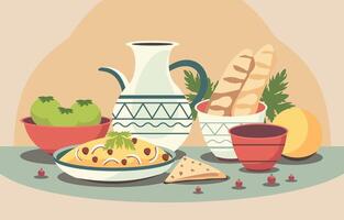 platt design av vegetabiliska baguette mat maträtter med vas skål för Nowruz firande vektor