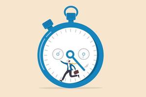 Rennen gegen die Zeit, beeilen Sie sich, um die Arbeit innerhalb einer aggressiven Frist zu beenden, Zeitzählung, Geschwindigkeit und Effizienz, um das Arbeitskonzept abzuschließen, frustrierter Geschäftsmann, der gegen den Timer-Countdown läuft.