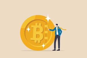 Was ist Bitcoin- und Blockchain-Technologie, Wissen oder Kryptowährungstechnologie, Blockchain-Klasse und Bildungskonzept, Geschäftsmannexperte erklärt die Blockchain-Technologie auf goldener Bitcoin-Münze.