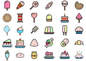 Essen und Dessert Symbole Sammlung Set enthalten Symbole eine solche wie Fleisch, Desserts, Obst und Frühstück Burger mit Wurst, Eis Sahne auf stick.vektor Mahlzeit und Essen Konzept. vektor