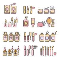 Kosmetika Symbole einstellen Pixel Kunst.Makeup Illustration Zeichen Sammlung.verschiedene anders Haut und Körper Pflege Produkte und einfach Anweisungen. Verpackung im anders Formen zum Hautpflege Produkte. Vektor