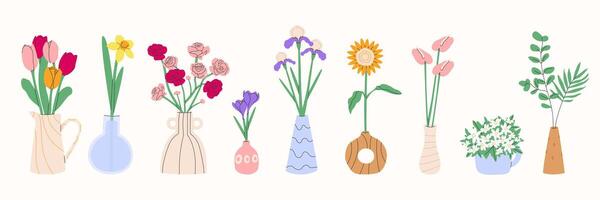 Blume Strauß im Vase.Frühling und Sommer- Blumen, Pflanzen zum Dekoration, Blühen Kräuter isoliert auf Weiß Hintergrund.Dekor abstrakt Keramik Töpfe. Vektor Illustration eps 10