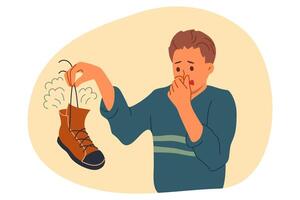 stinkande sko i händer av man lidande från dålig odör och symptom av fot mykos. kille med stinkande fötter behov hjälp från hudläkare eller sko desinfektionsmedel till skaffa sig befria av illaluktande bakterie. vektor