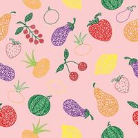 nahtlos Muster mit Hand gezeichnet Wassermelone, Kirsche, Apfel, Birne, Zitrone, Erdbeere, Aubergine, Johannisbeere, Zwiebel auf Rosa Hintergrund im Kinder naiv schlau. vektor