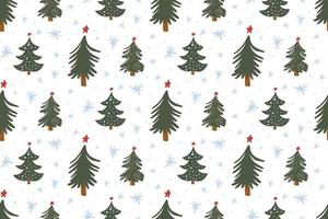 süßer winter nahtloser musterhintergrund mit einfachen kritzeleien des weihnachtsbaums und schneeflocken im kindlichen handgezeichneten stil. saisonale Neujahrsfeiertage festliche Hintergrundtextur, Druck vektor