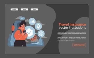 Reise Versicherung Konzept. Abenteurer sichert Ausflug mit ein umfassend. vektor