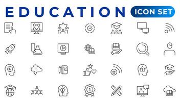 Bildung Linie editierbar Symbole Satz. Vektor Illustration im modern dünn Linie Stil von Schule Symbole Schule Fächer, Lieferungen, Wissenschaft, und online Lernen