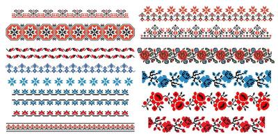 röd och blå färger ukrainska ornament, mönster, bårder i pixel stil vektor