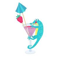 Ein süßer Türkisgecko klettert auf ein Cocktailglas für eine Erdbeere. vektor