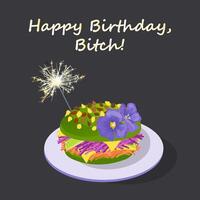 Lycklig födelsedag, tik. svart humör vektor hälsning kort med en vegan burger och bengal lampor sparkler