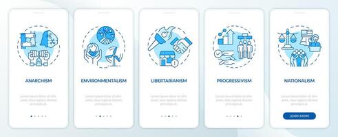 philosophisch politisch Ideologien Blau Onboarding Handy, Mobiltelefon App Bildschirm. Komplettlösung 5 Schritte editierbar Grafik Anleitung mit linear Konzepte. ui, ux, gui Vorlage vektor
