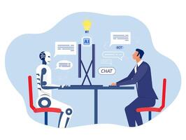 chatt bot, affärsman användningar dator för hört med. artificiell intelligens teknologi. digital chatt bot, robot Ansökan, konversation assistent begrepp. vektor illustratör