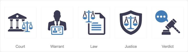 en uppsättning av 5 rättvisa ikoner som domstol, motivera, lag vektor