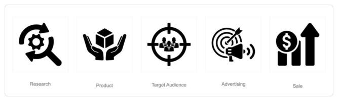ein einstellen von 5 Digital Marketing Symbole wie Forschung, Produkt, Ziel Publikum vektor