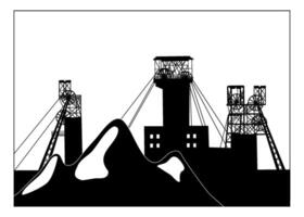 Vektor Silhouette Illustration von industriell Kohle Bergbau Schlacke haufen und strukturell Fördergerüste über Bergwerk Welle. Metallurgie Konzept