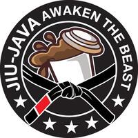 jiu-java wecken das Tier Logo Design, ein schwarz und Weiß Logo mit ein Tasse von Kaffee, kriegerisch Kunst Logo, jiu Jitsu Logo, mma Logo, Karate Logo, Taekwondo Logo, Judo Logo, Kung fu Logo, Brasilianer jiu j vektor