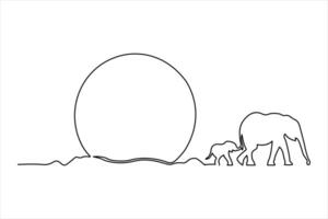 kontinuerlig ett linje teckning av skön solnedgång landskap. enda linje konst av elefant, bebis elefant isolerat på vektor illustration design.