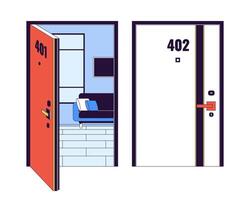 Wohnung Gebäude Flur 2d linear Karikatur Objekt. Nachbar Wohnungen Türen isoliert Linie Vektor Element Weiß Hintergrund. Leben im mehrstöckig Wohnung Eingänge Hotel Farbe eben Stelle Illustration