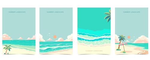 Strand Hintergrund mit Meer, Sand, Himmel. Illustration Vektor zum a4 Seite Design