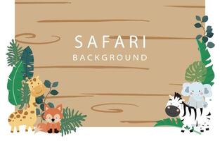 safari baner med giraff, elefant, zebra, räv och blad ram vektor