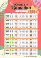 jadwal imsakiyah islamic kalender ramadan schema 2024 1445 hyra silhuett platt stil design persika pastell Färg blommig prydnad modern enkel bakgrund moslem bön attrapp Skriv ut sidang isbat vektor