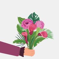 Hand halten Pionen, Callas und tropisch Blätter vektor