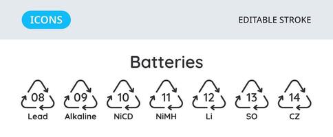 Batterien Recycling Codes Symbole. dreieckig Umwelt Symbole von Materialien. einstellen von Elemente auf ein Weiß Hintergrund. editierbar Schlaganfall. vektor