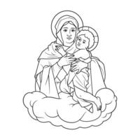 vår lady mor drottning och segrare tre gånger beundransvärt med bebis Jesus vektor illustration svartvit översikt