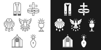 Symbole Sieben Sakramente von das katholisch Kirche, Aufträge, Hochzeit, Taufe, Bestätigung, Eucharistie, Buße, Salbung von das krank, Vektor Illustration einfarbig Gliederung