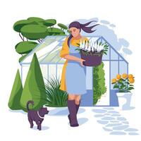 ung kvinna nära de växthus. vår och sommar trädgårdsarbete begrepp. vektor platt illustration