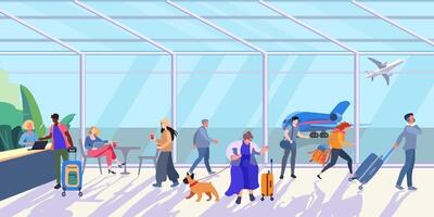 solig interiör inuti de flygplats terminal med människor och bagage. flygplats vardagsrum på en solig dag. en stor kvinna med en hund och en löpning flicka. flyg kolla upp i disken. vektor illustration för baner