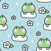 nahtlos Muster von süß Frosch auf Wolke mit Blume Himmel Hintergrund.Reptil Tier Charakter Karikatur design.floral.baby kleidung.kawaii.vektor.illustration. vektor