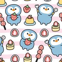 nahtlos Muster von süß Pinguin mit Erdbeere Dessert Hintergrund.Vogel Tier Charakter Karikatur Design.Pudding, Käse Kuchen, japanisch Süss Hand gezeichnete.kawaii.vektorillustration. vektor