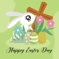 påsk dag med kanin , kristen korsa ,blommor, och ägg bakgrund. social media posta vektor