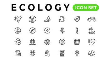 ekologi linje ikoner uppsättning. förnybar energi översikt ikoner samling. sol- panel, återvinna, eko, bio, kraft, vatten - stock vektor