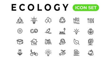 Ökologie Linie Symbole Satz. verlängerbar Energie Gliederung Symbole Sammlung. Solar- Tafel, recyceln, Öko, bio, Leistung, Wasser - - Lager Vektor