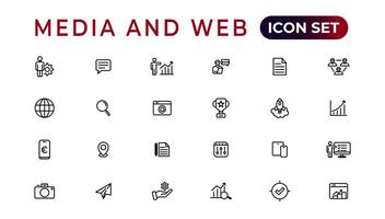 media och webb ikoner i linje stil.data analys, digital marknadsföring, förvaltning, meddelande, telefon. vektor illustration.
