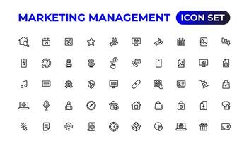 marknadsföring ikoner uppsättning. innehåll, Sök, e-handel, seo, elektronisk enheter, internet, analys.översikt icon.outline ikon. vektor