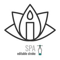 Lotus und Kerze. Spa Center Linie Symbol.Spa,Yoga Dienstleistungen Symbol. Spa Massage Piktogramm.Aromatherapie unterzeichnen. Vektor Grafik Illustration eps 10. editierbar Schlaganfall