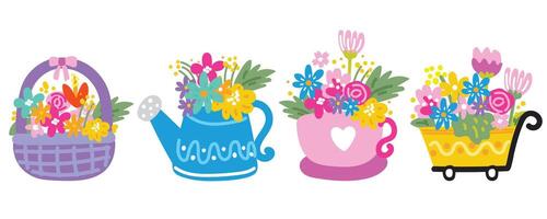 einstellen von süß verschiedene Objekt mit Blume im Linie Hand gezeichnet.Frühling.Blume.blühend.Korb, gießen Pflanze, Kaffee Tasse, Wagen gezeichnet design.kawaii.vektor.illustration. vektor