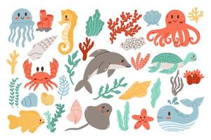 Meer Tiere.set mit Hand gezeichnet Meer Leben Elemente.Fisch und wild Marine Tiere sind isoliert auf Weiß Hintergrund. vektor