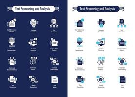 Text wird bearbeitet und Analyse Symbole. verstehen und manipulieren Text. Symbole zum NLP, Analyse, Zusammenfassung, Gefühl und mehr. vektor