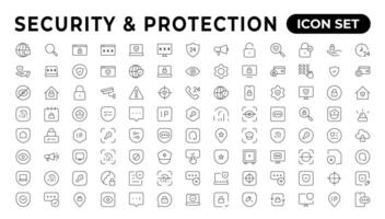 säkerhet, säkerhet, skydd tunn linje ikoner. för hemsida marknadsföring design, logotyp, app, mall, etc.set av säkerhet skydda ikoner, skydda logotyper med en kolla upp märke, och hänglås. säkerhet symboler. vektor