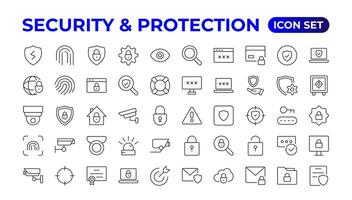säkerhet, säkerhet, skydd tunn linje ikoner. för hemsida marknadsföring design, logotyp, app, mall, etc.set av säkerhet skydda ikoner, sköld logotyper med en kolla upp märke, och hänglås. säkerhet symboler. vektor