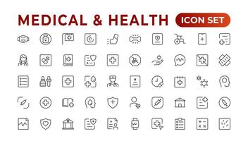 Gesundheit und medizinisch linear Symbole eine solche wie Skalpell, Kochsalzlösung, Optiker, Otoskop, Patch, und Schwangerschaft Prüfung Linie Symbole.Medecine eben Symbole. Sammlung von Gesundheit Pflege medizinisch Zeichen. Gliederung Symbol Satz. vektor