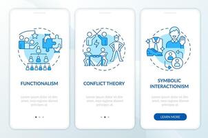 Theorien von Sozial Schichtung Blau Onboarding Handy, Mobiltelefon App Bildschirm. Komplettlösung 3 Schritte editierbar Grafik Anleitung mit linear Konzepte. ui, ux, gui Vorlage vektor