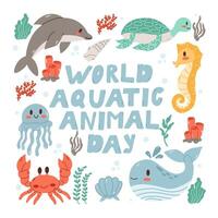 Welt Wassersport Tag. Flyer, Banner speichern unser Ozean. Hintergrund Vektor Illustration mit Marine Tiere